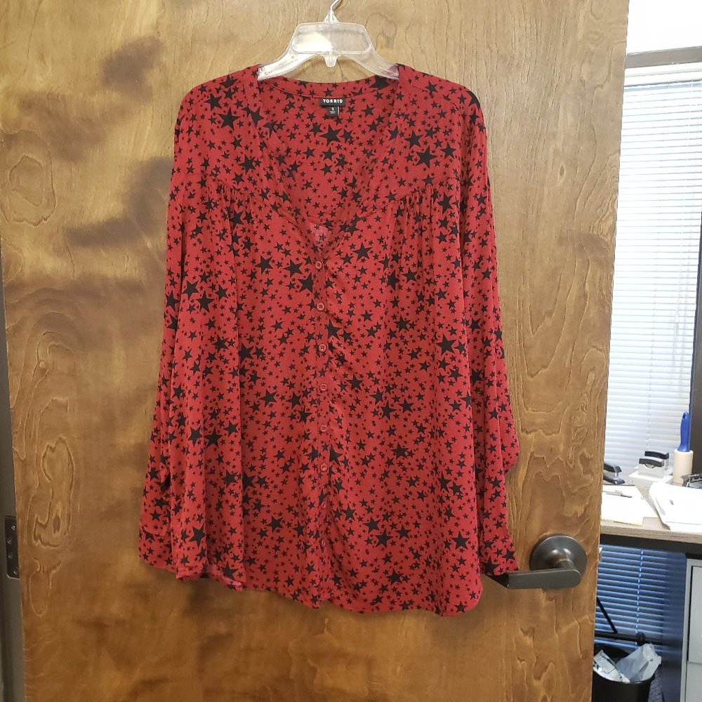 Red Blouse with Black Stars Button Front